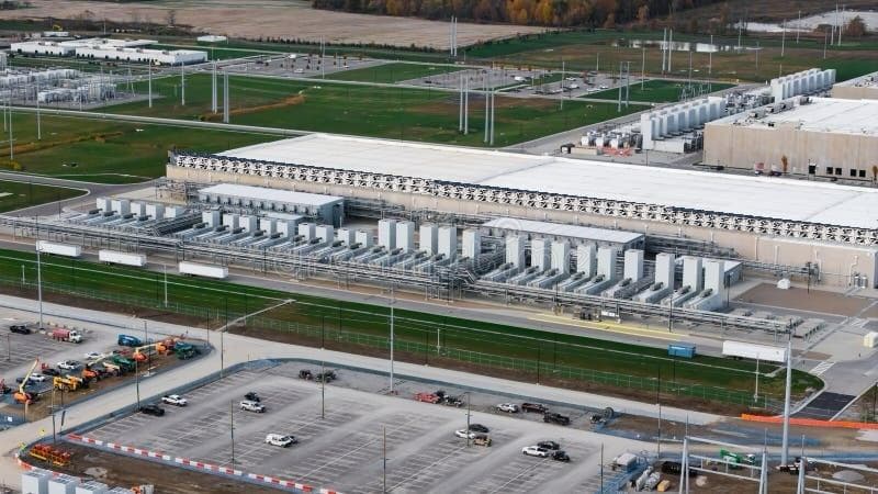 Concept visualization of AEROGRID arrays running the full length of a hyperscale data-center roofline, seen from the air
